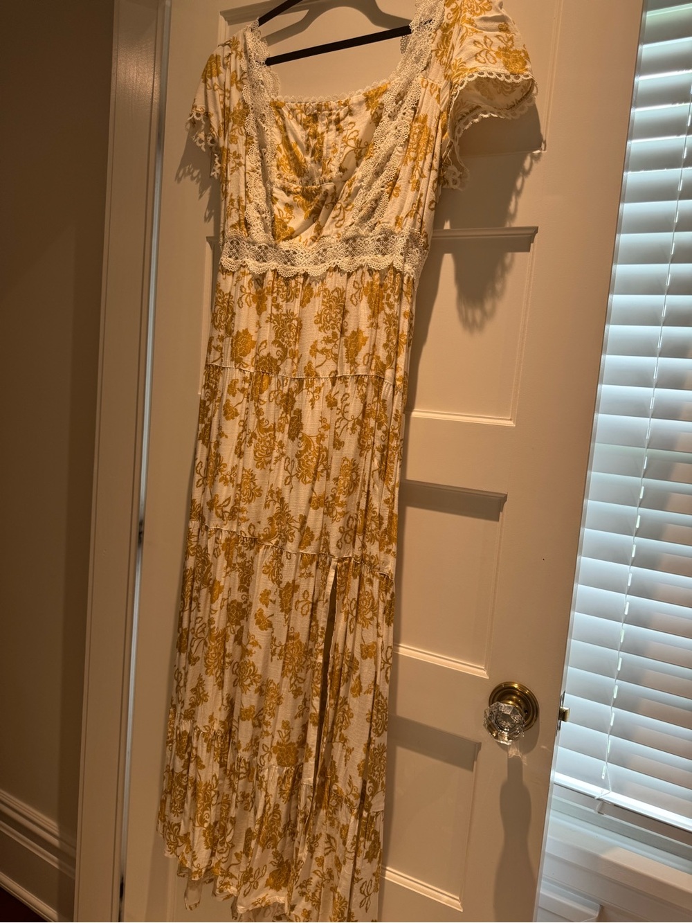 Sunset Floral Lace-Trim Maxi Dress in Yellow on Cream